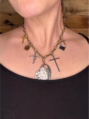 Handmade Necklace Mixed Metal Cross Charm Hammered Heart Pendant Paperclip Chain